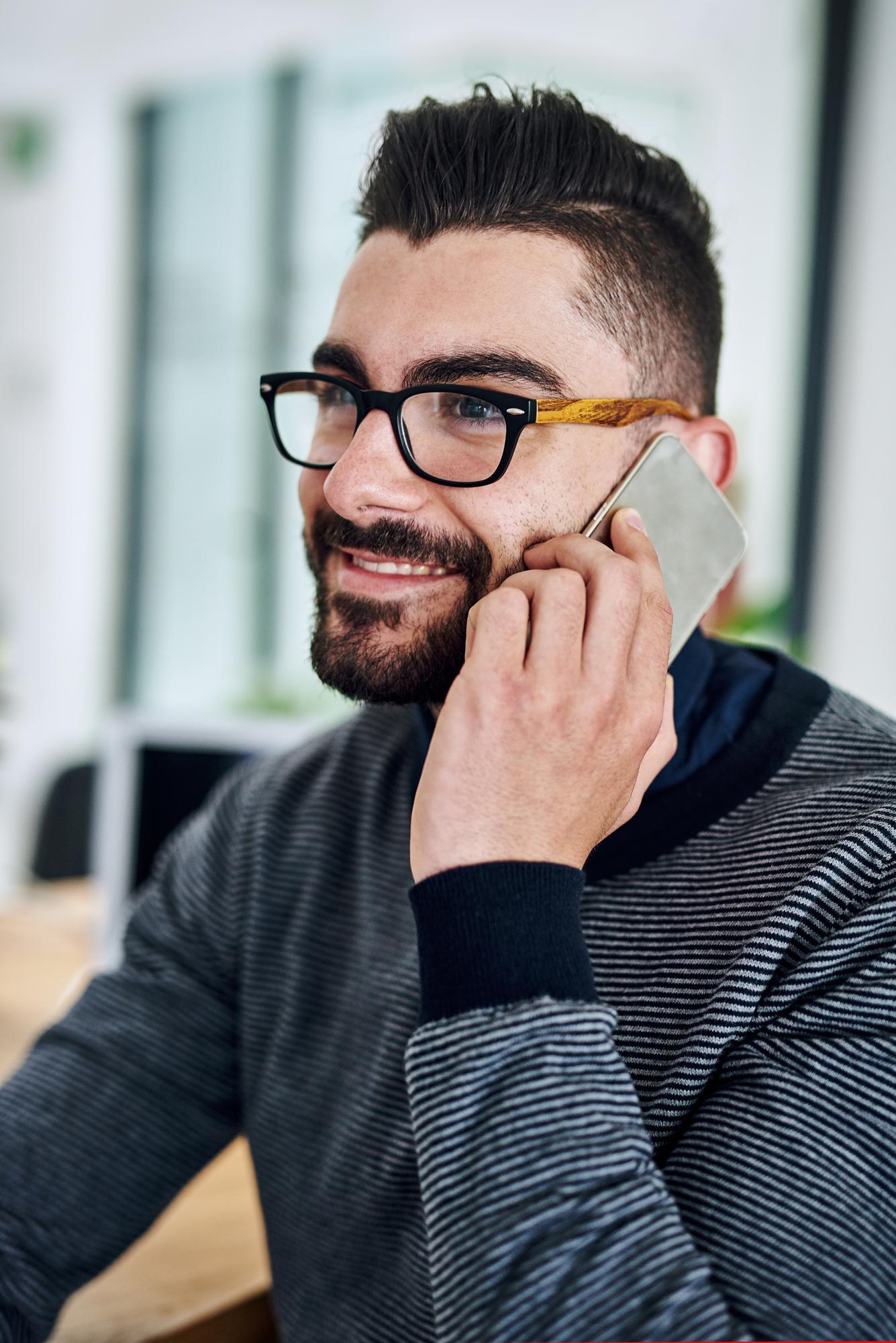 Phone call male consultant and smile in office for conversation